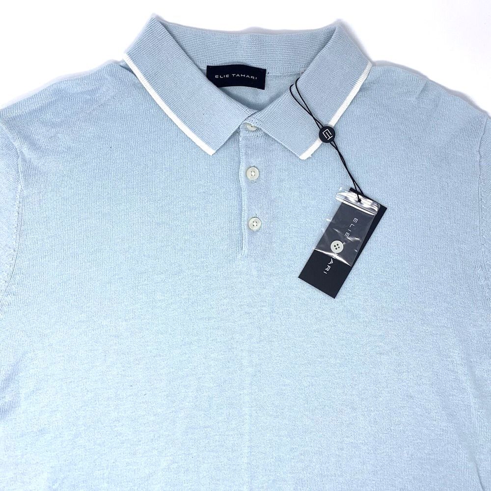 Elie Tahari  Men's Pullover Short Sleeve Blue/White Collared Knit Sweater Size M